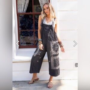 Easel Bandana print denim slouchy overalls